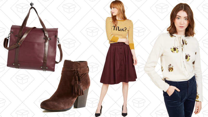 Camp Director Tote, $53 | City Center Splendor Bootie, $77 | Intern of Fate Skirt, $57 | Carry the Torch Top, $53
